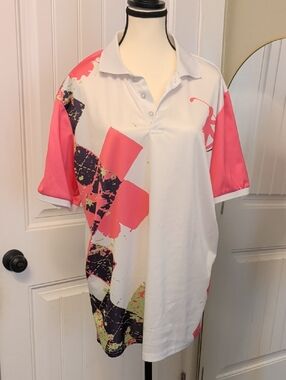 Source Unknown White Polo Shirt with Pink and Black Graphic Accents